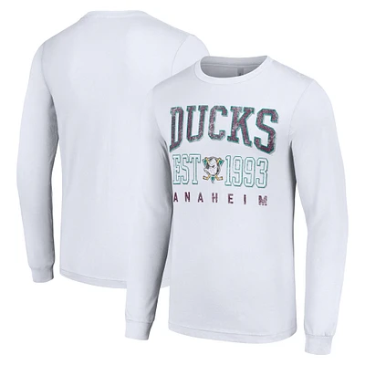 Men's Starter White Anaheim Ducks Retro Graphic Long Sleeve Crew T-Shirt
