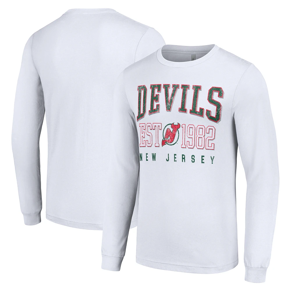 Men's Starter White New Jersey Devils Retro Graphic Long Sleeve Crew T-Shirt