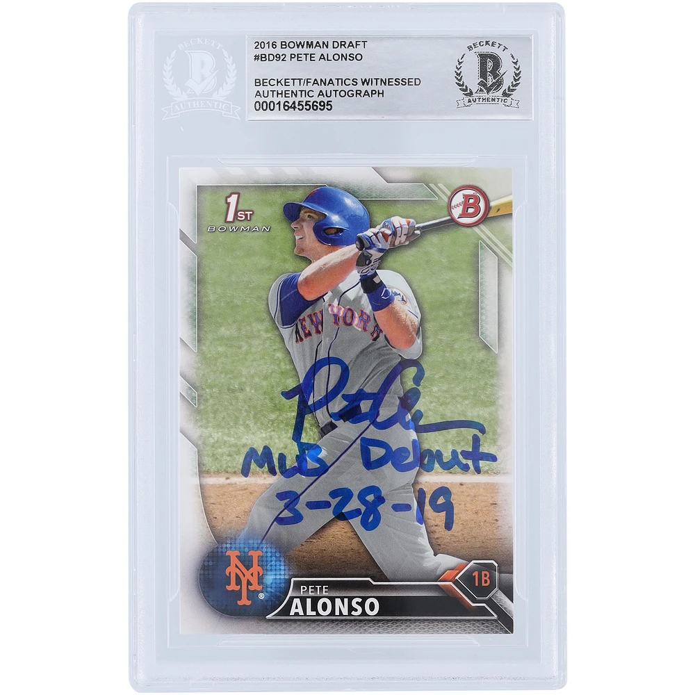 Pete Alonso New York Mets Autographed 2016 Bowman Draft 1st Bowman #BD-92 Beckett Fanatics Witnessed Authenticated Rookie Card with "MLB Debut 3-28-19" Inscription
