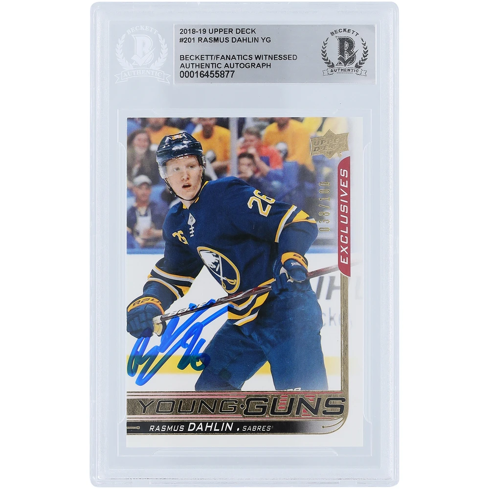 Rasmus Dahlin Buffalo Sabres Autographed 2018-19 Upper Deck Series 1 Young Guns Exclusives #201 #/100 Beckett Fanatics Witnessed Authenticated Rookie Card