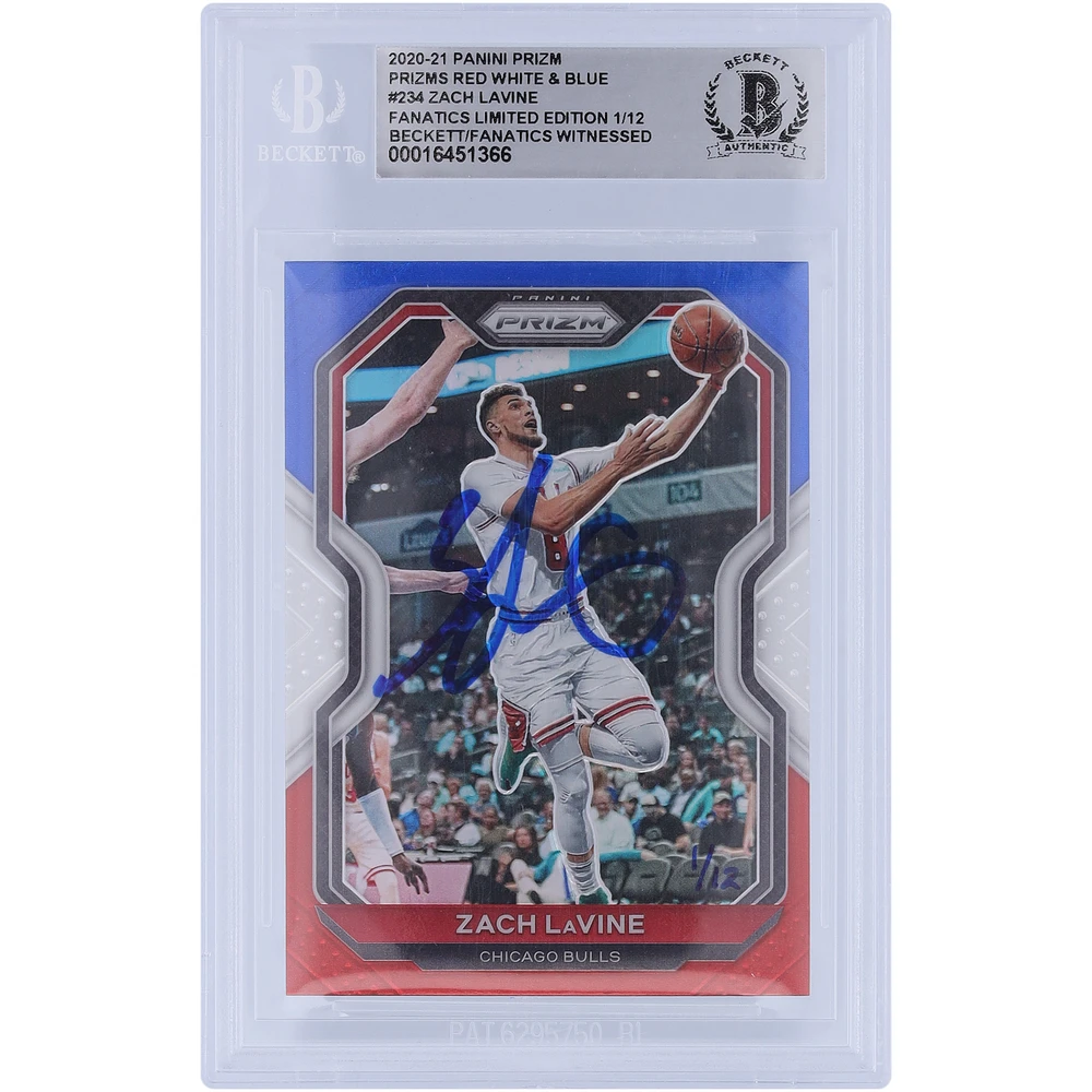 Limited Edition of 12: Zach LaVine Chicago Bulls Autographed 2020-21 Panini Prizm Red White & Blue Prizms Beckett Fanatics Witnessed Authenticated Card