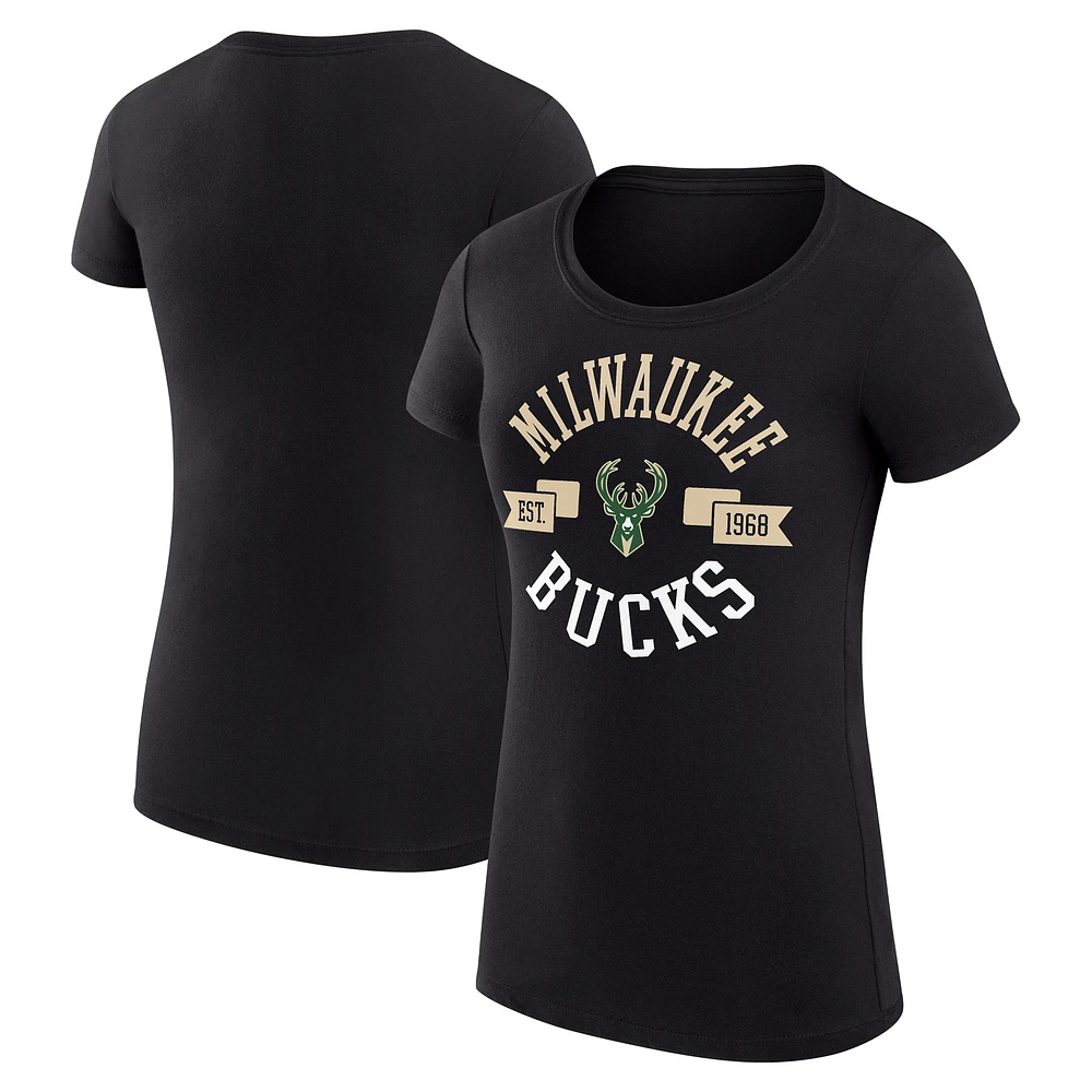Women's G-III 4Her by Carl Banks Black Milwaukee Bucks Super-Slim Fit Lightweight Large City Logo T-Shirt