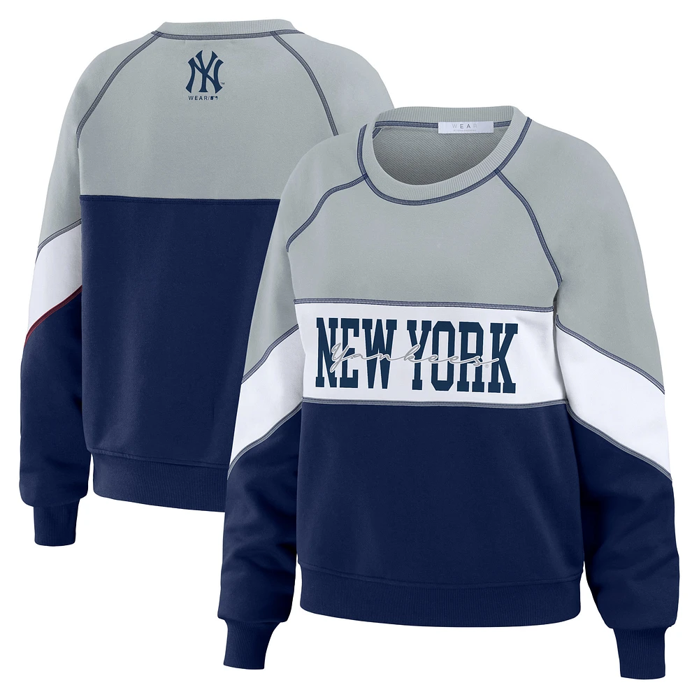 Women's WEAR by Erin Andrews Heather Gray/Navy New York Yankees Color Block Crew Neck Pullover Sweatshirt