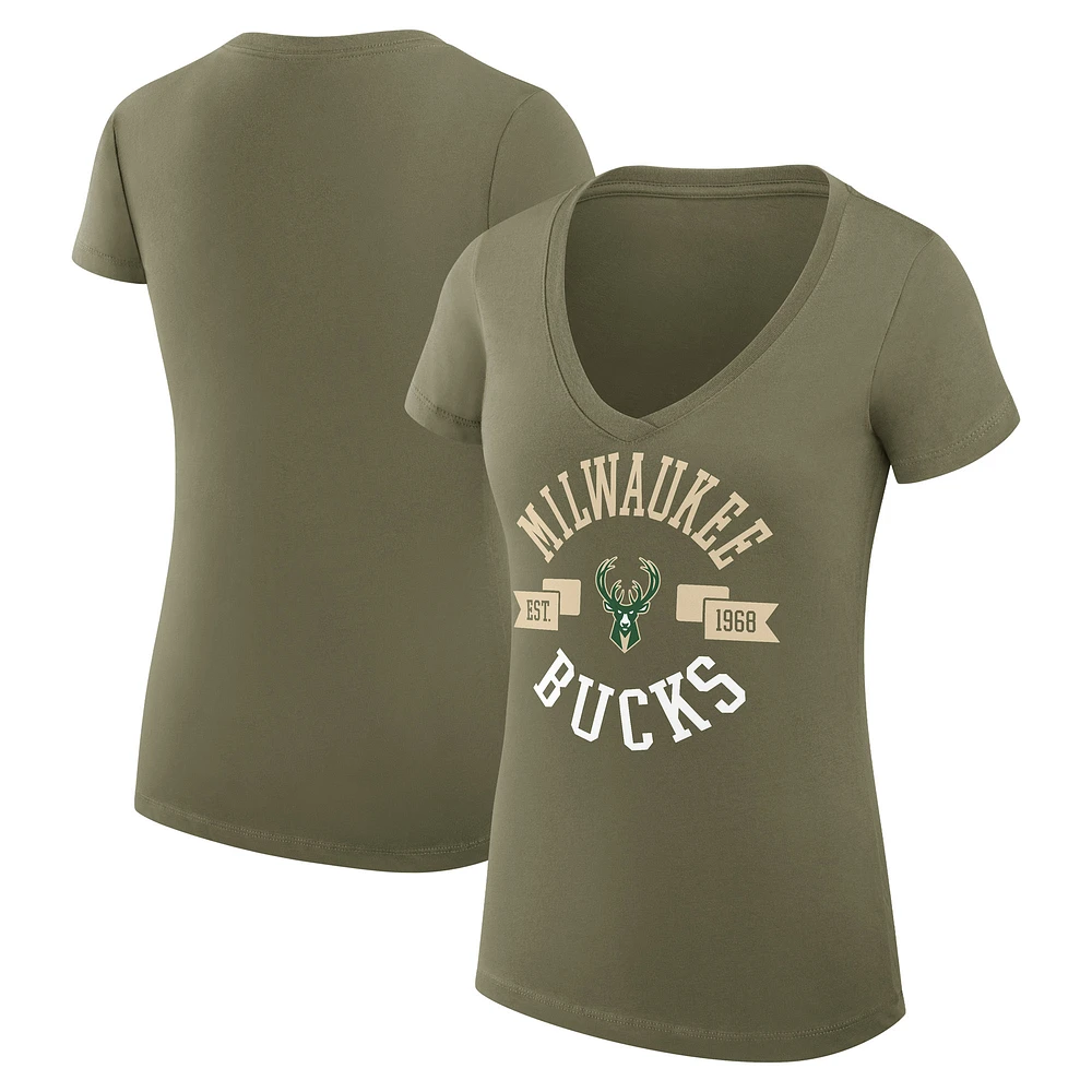 Women's G-III 4Her by Carl Banks Olive Milwaukee Bucks Super-Slim Fit Lightweight Large City Logo V-Neck T-Shirt