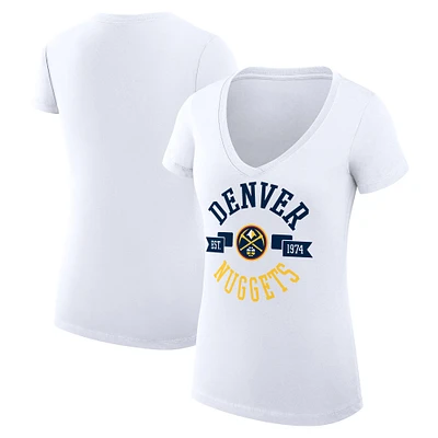 Women's G-III 4Her by Carl Banks White Denver Nuggets Super-Slim Fit Lightweight Large City Logo V-Neck T-Shirt