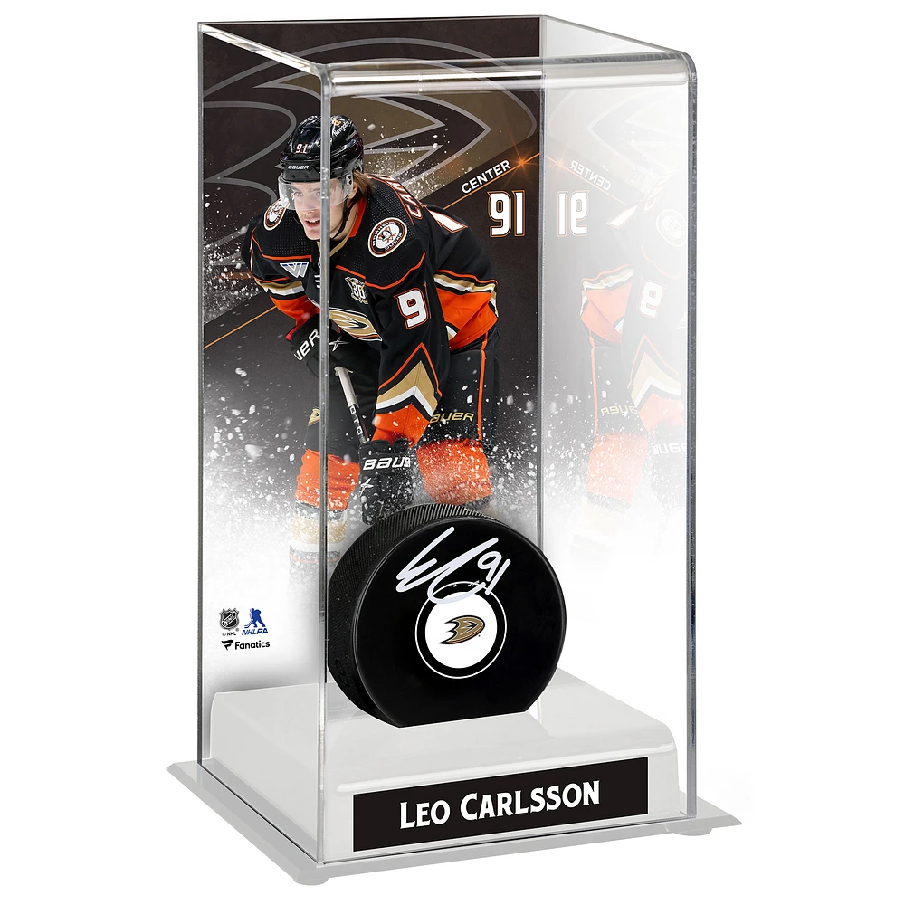 Leo Carlsson Anaheim Ducks Autographed Hockey Puck with Deluxe Tall Case