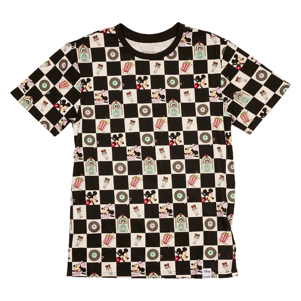 Unisex Loungefly White Mickey & Minnie Date Night Diner Checkered T-Shirt