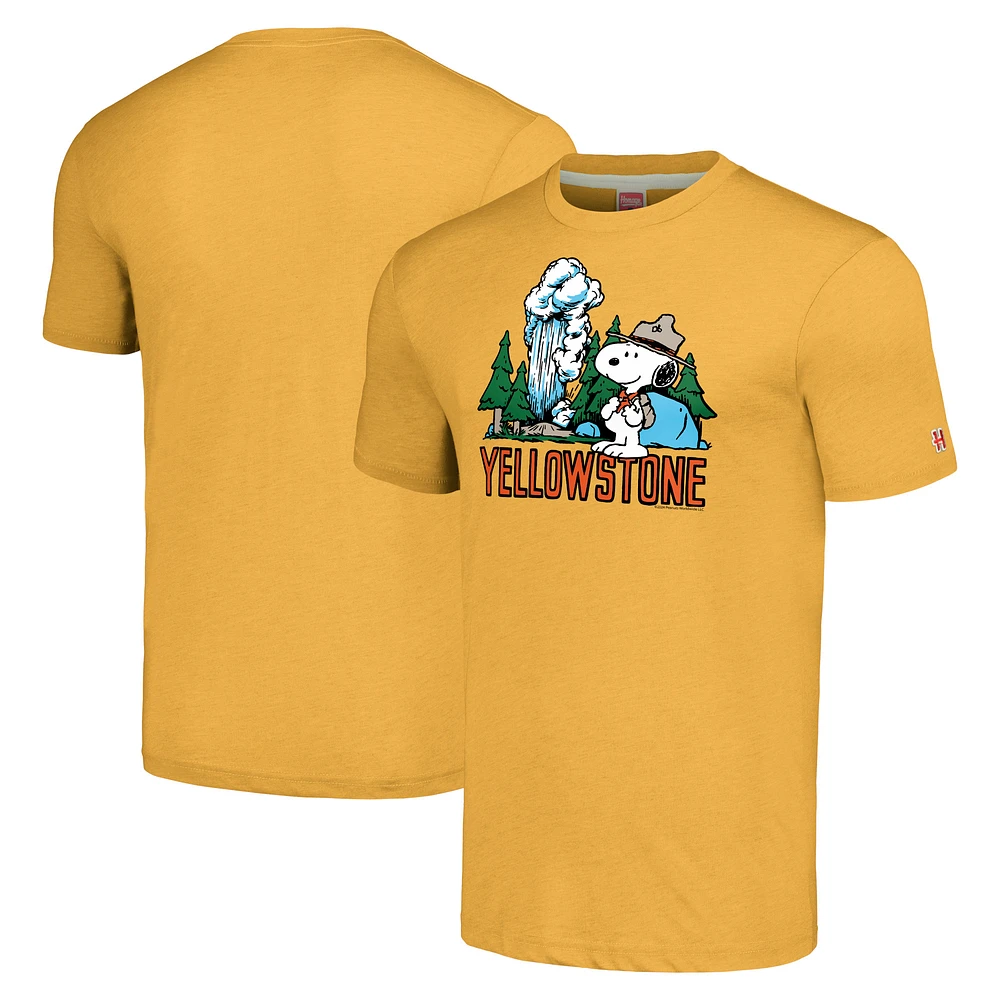 Unisex Homage Snoopy Gold Peanuts Yellowstone National Park Tri-Blend T-Shirt