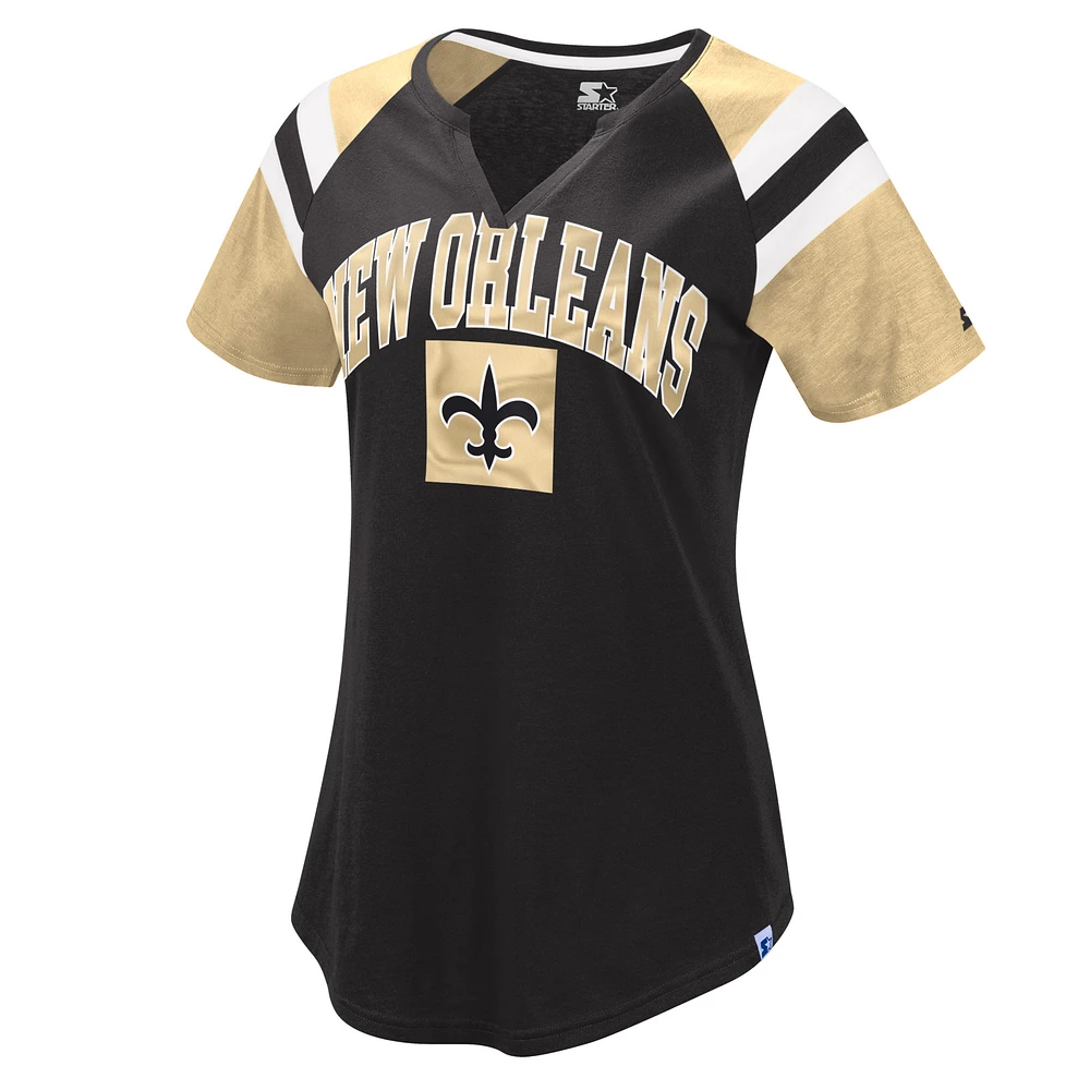 Women's Starter Black/Gold New Orleans Saints Game On Notch Neck Raglan T-Shirt