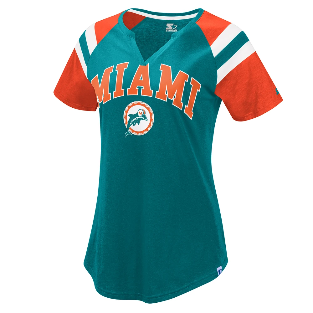 Women's Starter Aqua/Orange Miami Dolphins Game On Notch Neck Raglan T-Shirt