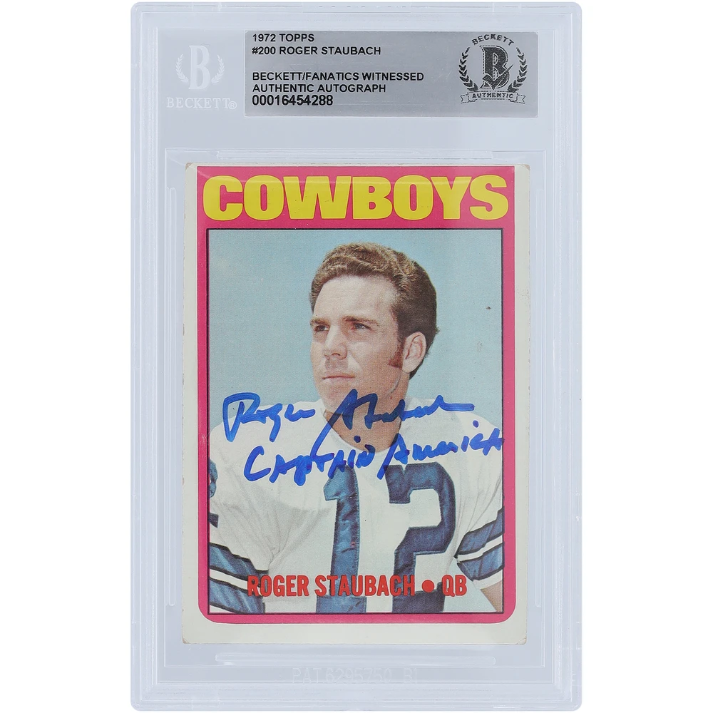 Roger Staubach Dallas Cowboys Autographed 1972 Topps #200 Beckett Fanatics Witnessed Authenticated Rookie Card with "Captain America" Inscription
