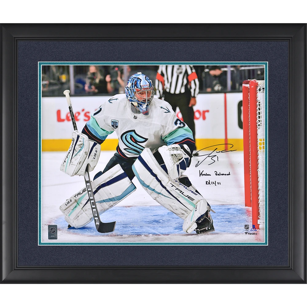 Philipp Grubauer Seattle Kraken Autographed Framed 16" x 20" First Game vs. Vegas Golden Knights Photograph with "Kraken Released 10/12/21" Inscription