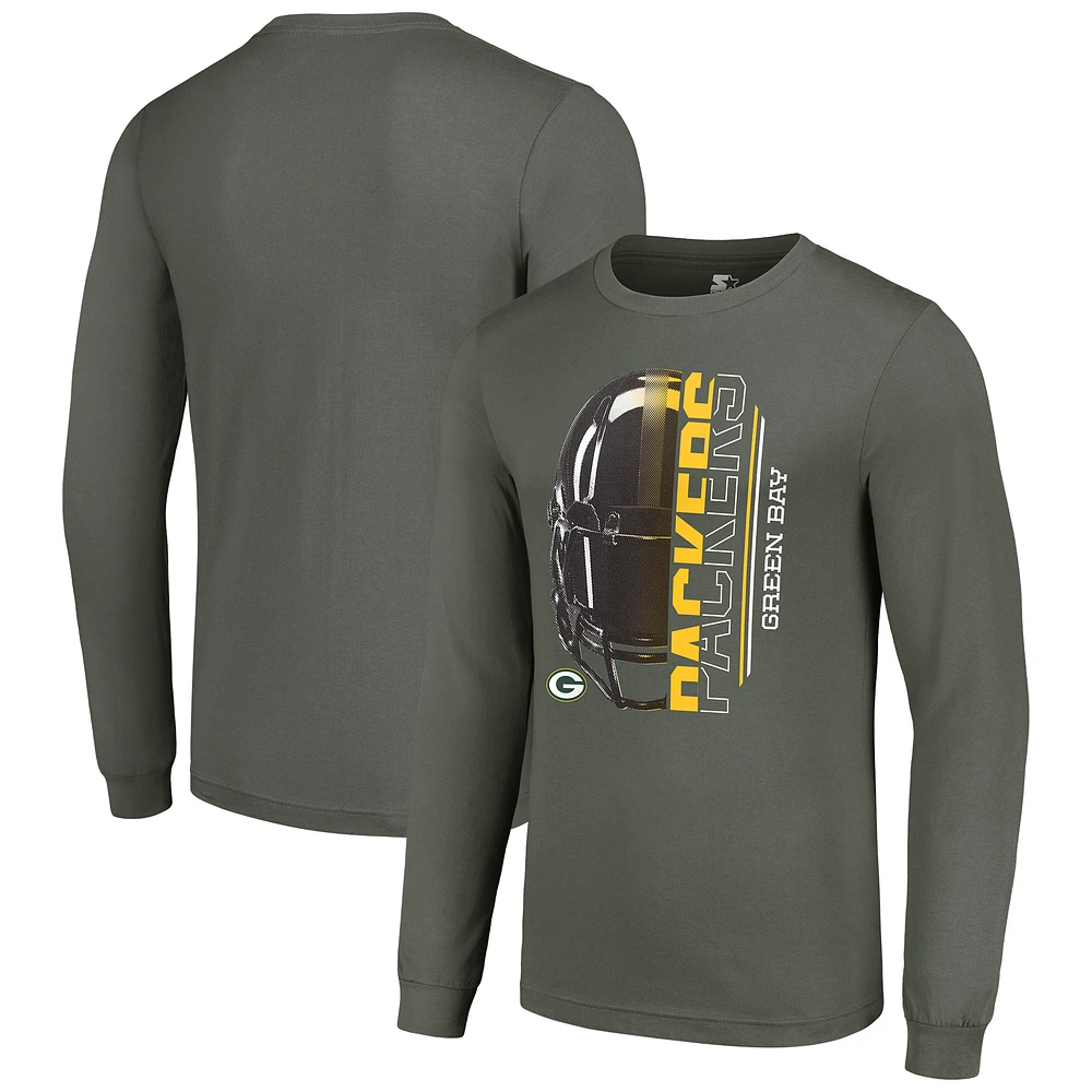 Men's Starter Green Bay Packers Half Helmet Logo Long Sleeve T-Shirt
