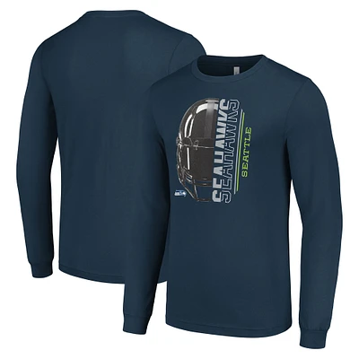 Men's Starter College Navy Seattle Seahawks Half Helmet Logo Long Sleeve T-Shirt