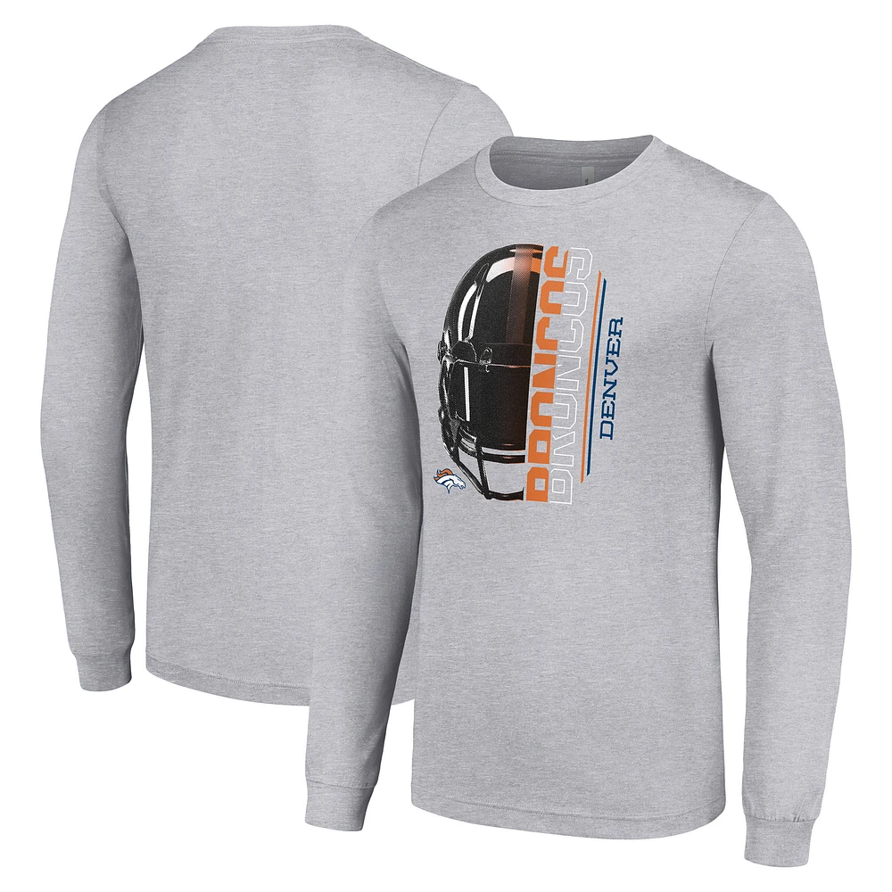 Men's Starter Heather Gray Denver Broncos Half Helmet Logo Long Sleeve Heathered T-Shirt