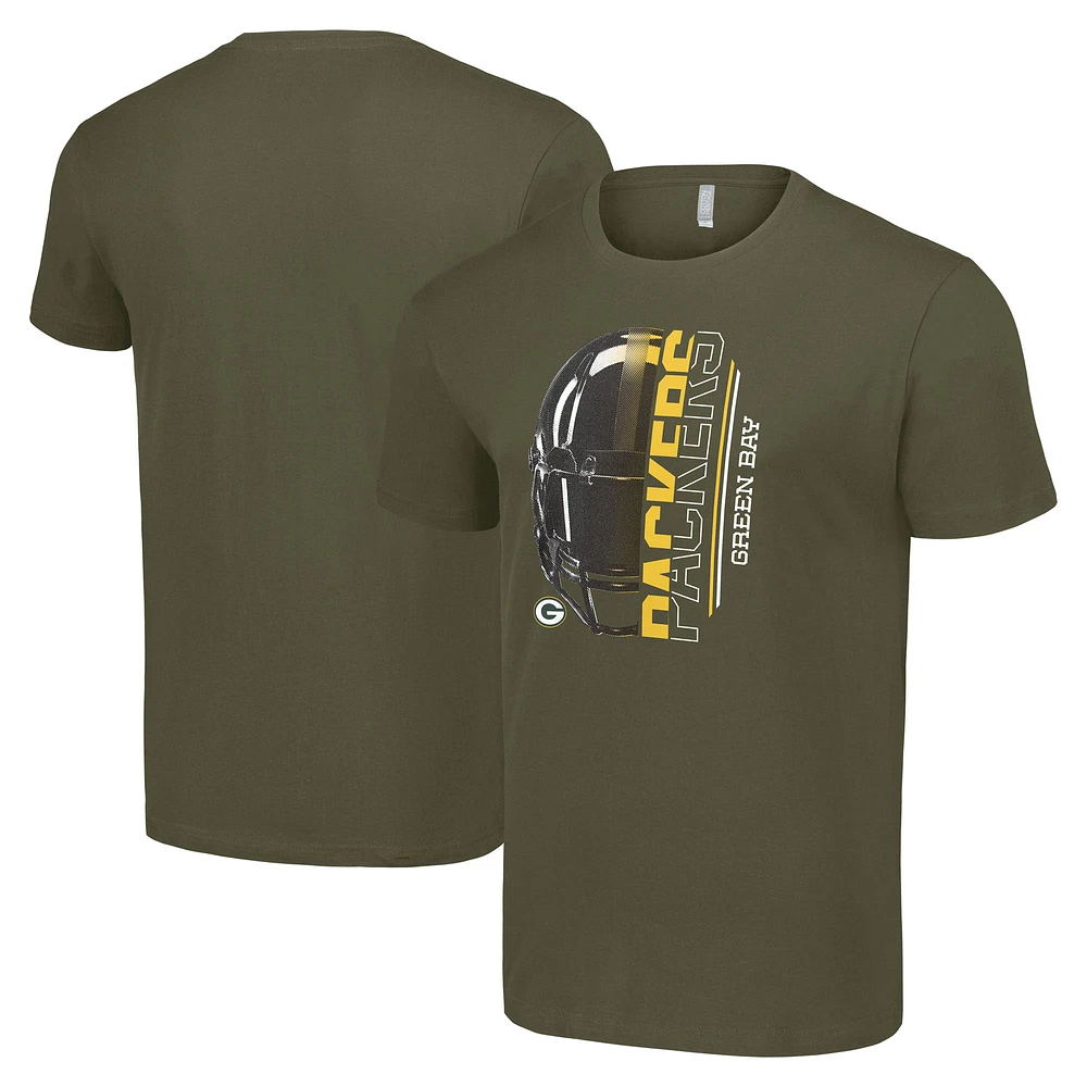 Men's Starter Olive Green Bay Packers Half Helmet Logo T-Shirt