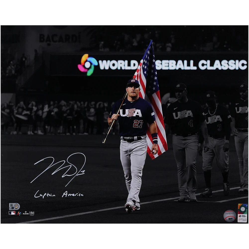 Mike Trout USA Baseball Autographed 16" x 20" Holding Flag Photograph with "Captain America" Inscription