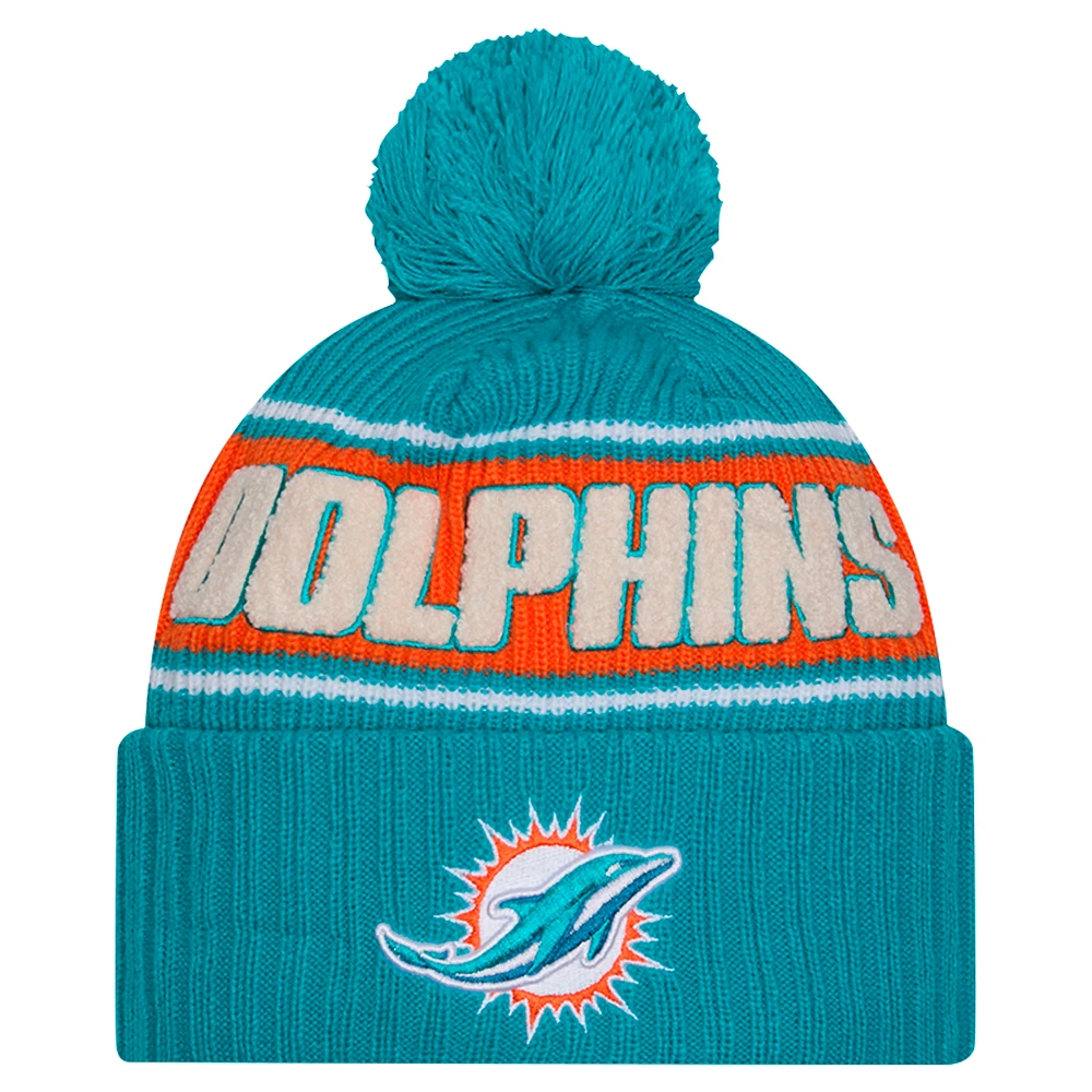 Men's New Era Aqua Miami Dolphins 2024 Sideline Cuffed Knit Hat with Pom