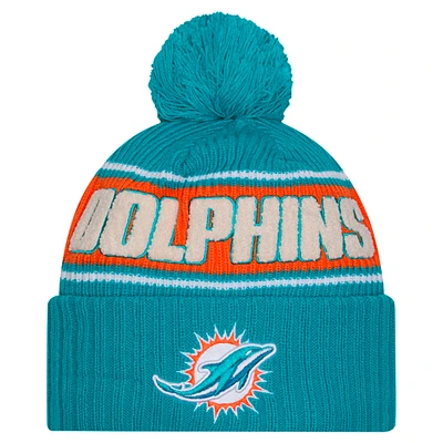 Men's New Era Aqua Miami Dolphins 2024 Sideline Cuffed Knit Hat with Pom