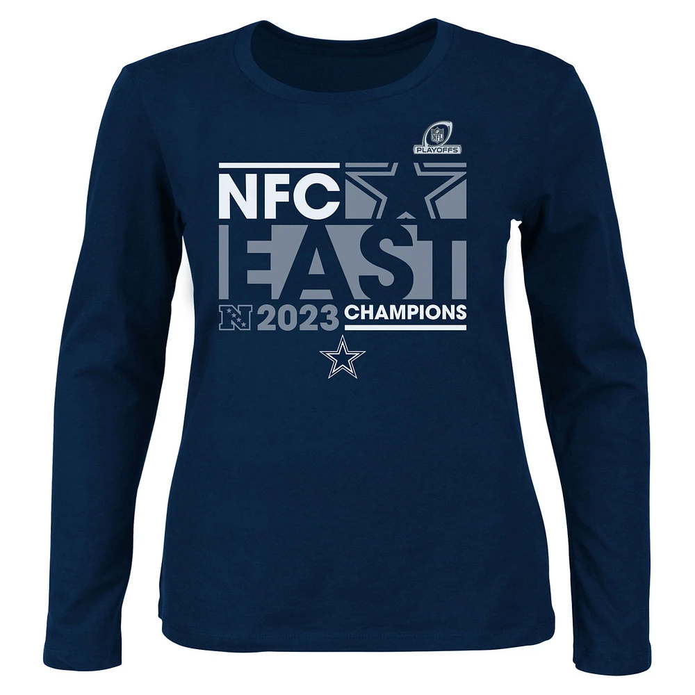 Women's Fanatics Navy Dallas Cowboys 2023 NFC East Division Champions Plus Conquer Long Sleeve V-Neck T-Shirt