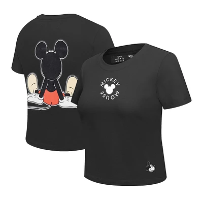 Women's Freeze Max Black Mickey Mouse Happiness Baby Doll Cropped Slim Fit T-Shirt