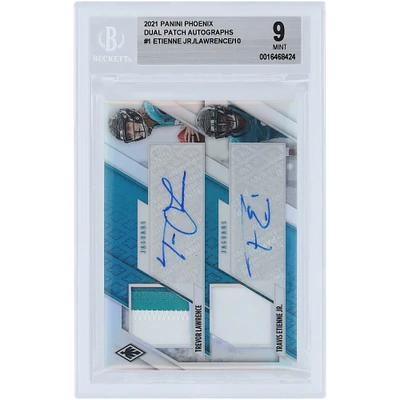 Trevor Lawrence & Travis Etienne Jacksonville Jaguars Autographed 2021 Panini Phoenix Dual Patch Relic #DPA-JAC #4/10 BGS Authenticated 9 Rookie Card