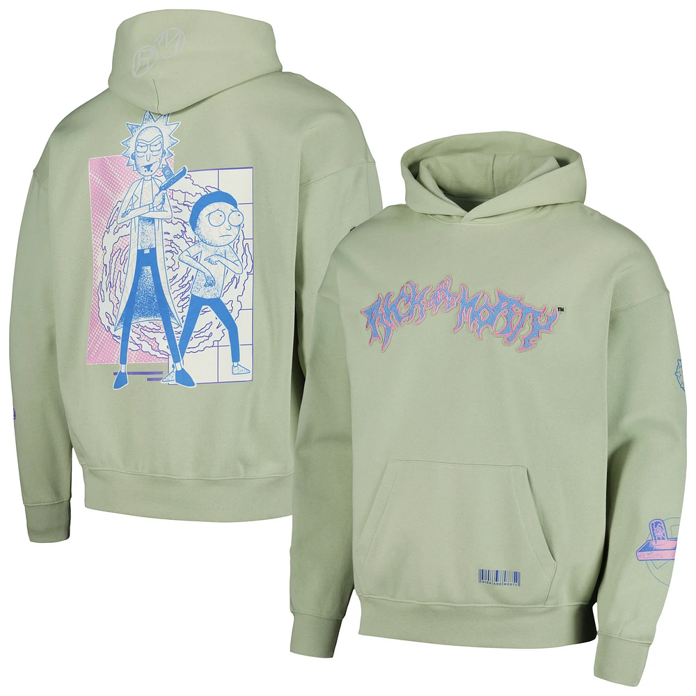 Men's Freeze Max Light Green Rick And Morty '90s Rave Revival Dropped Shoulder Pullover Hoodie