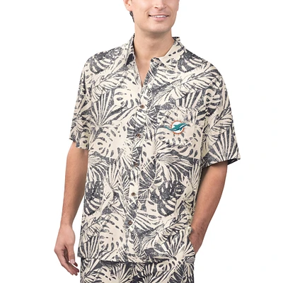 Men's Margaritaville Tan Miami Dolphins Sand Washed Monstera Print Party Button-Up Shirt