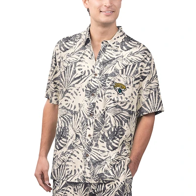 Men's Margaritaville Tan Jacksonville Jaguars Sand Washed Monstera Print Party Button-Up Shirt