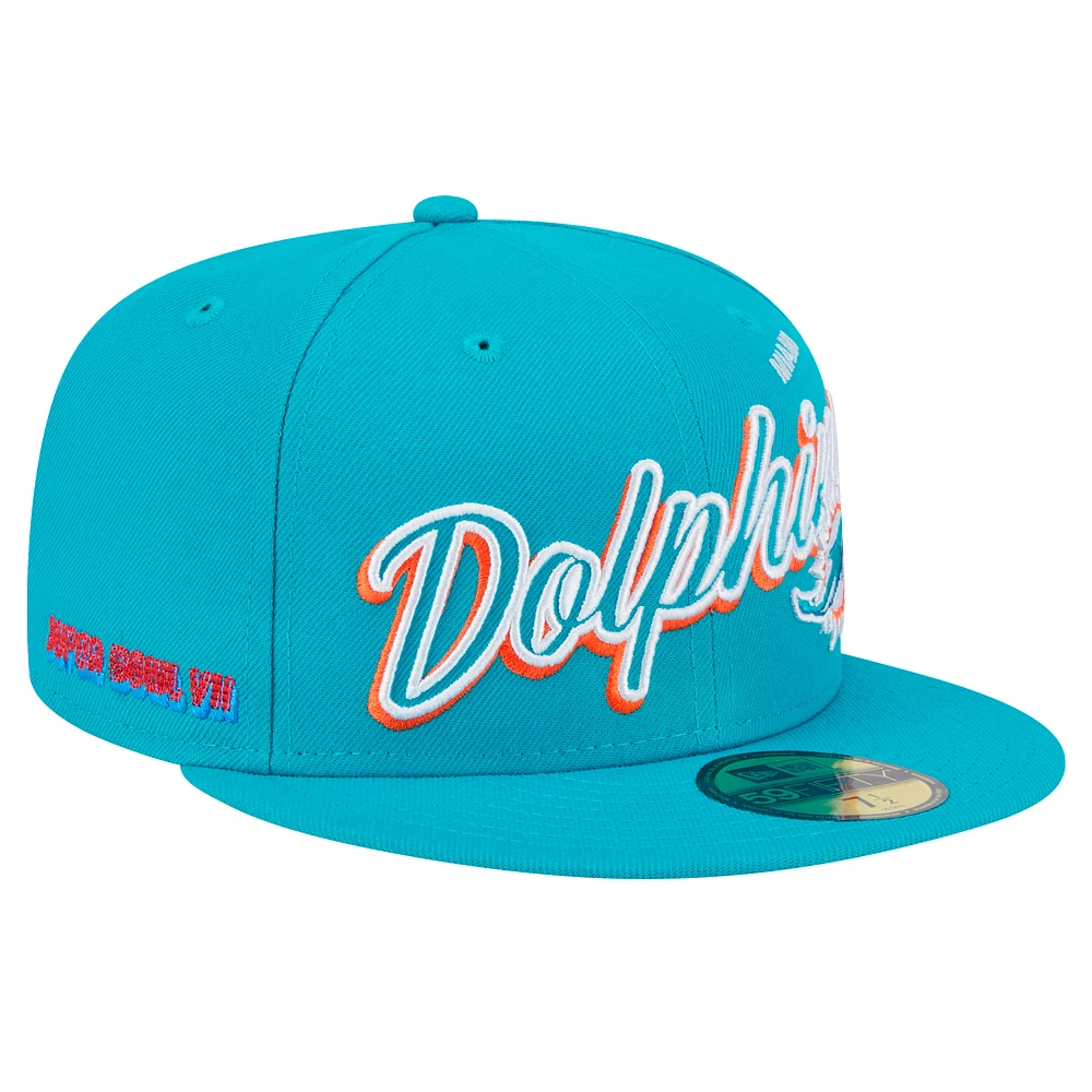 Men's New Era Aqua Miami Dolphins Script Sided 59FIFTY Fitted Hat