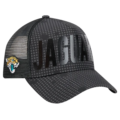 Men's New Era Black Jacksonville Jaguars Midnight Ink Tonal Text A-Frame Trucker 9FORTY Adjustable Hat