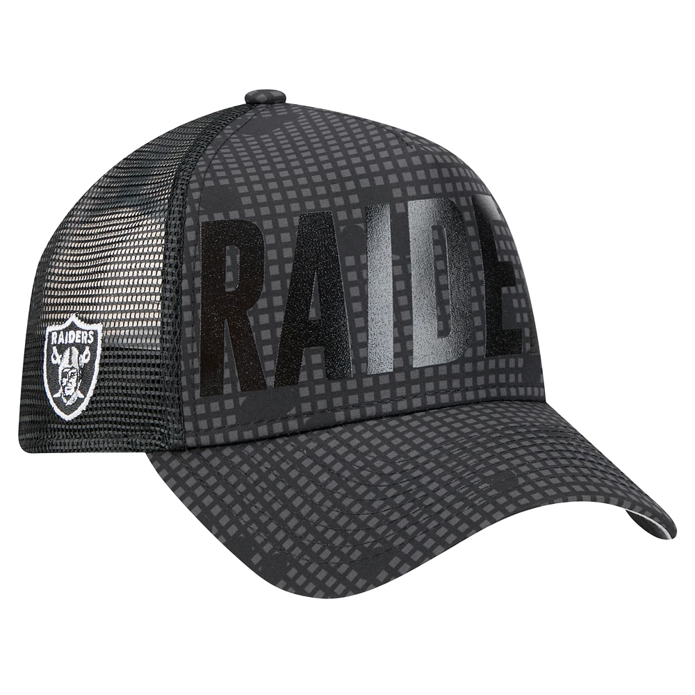 Men's New Era Black Las Vegas Raiders Midnight Ink Tonal Text A-Frame Trucker 9FORTY Adjustable Hat
