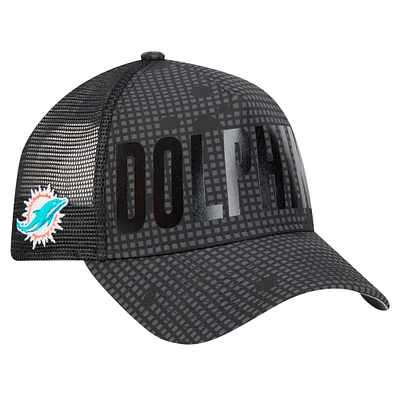 Men's New Era Black Miami Dolphins Midnight Ink Tonal Text A-Frame Trucker 9FORTY Adjustable Hat