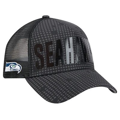 Men's New Era Black Seattle Seahawks Midnight Ink Tonal Text A-Frame Trucker 9FORTY Adjustable Hat