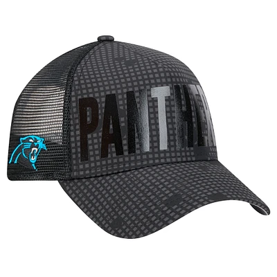 Men's New Era Black Carolina Panthers Midnight Ink Tonal Text A-Frame Trucker 9FORTY Adjustable Hat