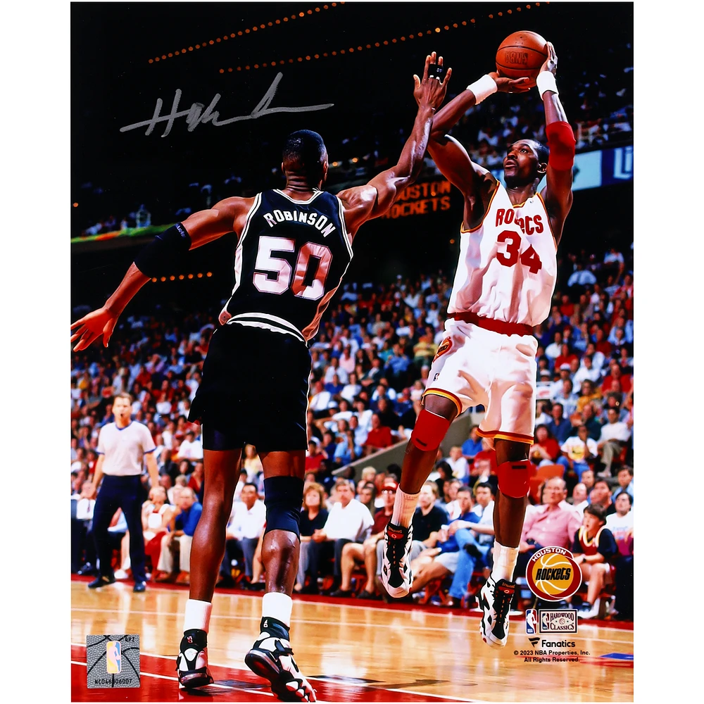 Hakeem Olajuwon Houston Rockets Autographed 8" x 10" Jump Shot Over David Robinson Photograph