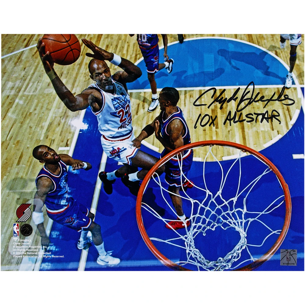 Clyde Drexler Portland Trail Blazers Autographed 11" x 14" 1994 NBA All-Star Dunk Photograph with "10x All-Star" Inscription