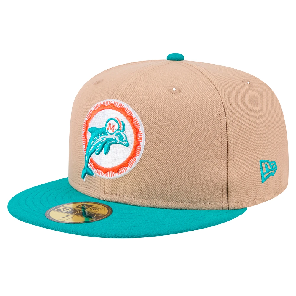 Men's New Era Tan Miami Dolphins Throwback Logo Main 59FIFTY Fitted Hat