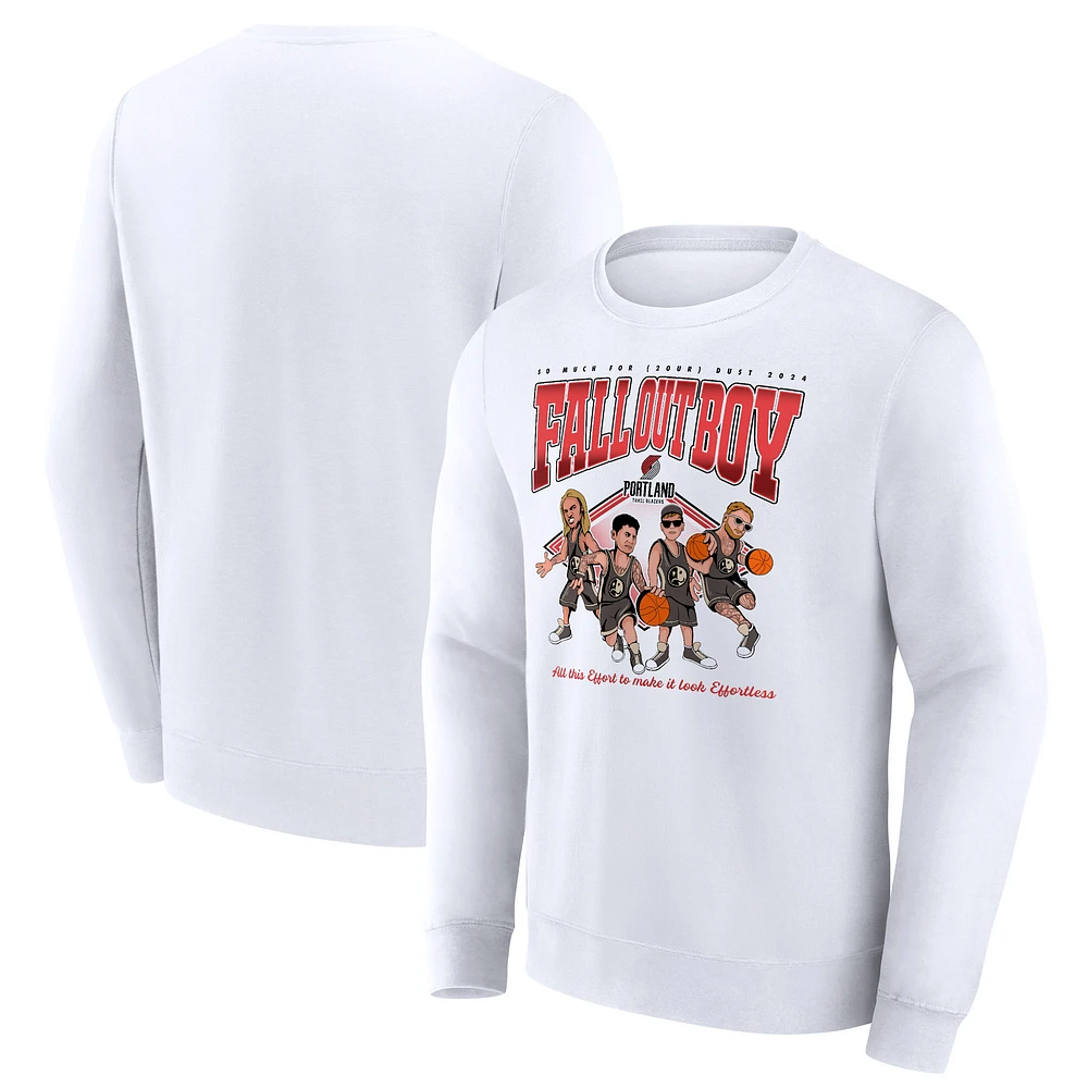 Men's Fanatics White Fall Out Boy x Portland Trail Blazers So Much For (2our) Dust Fleece Pullover Sweatshirt