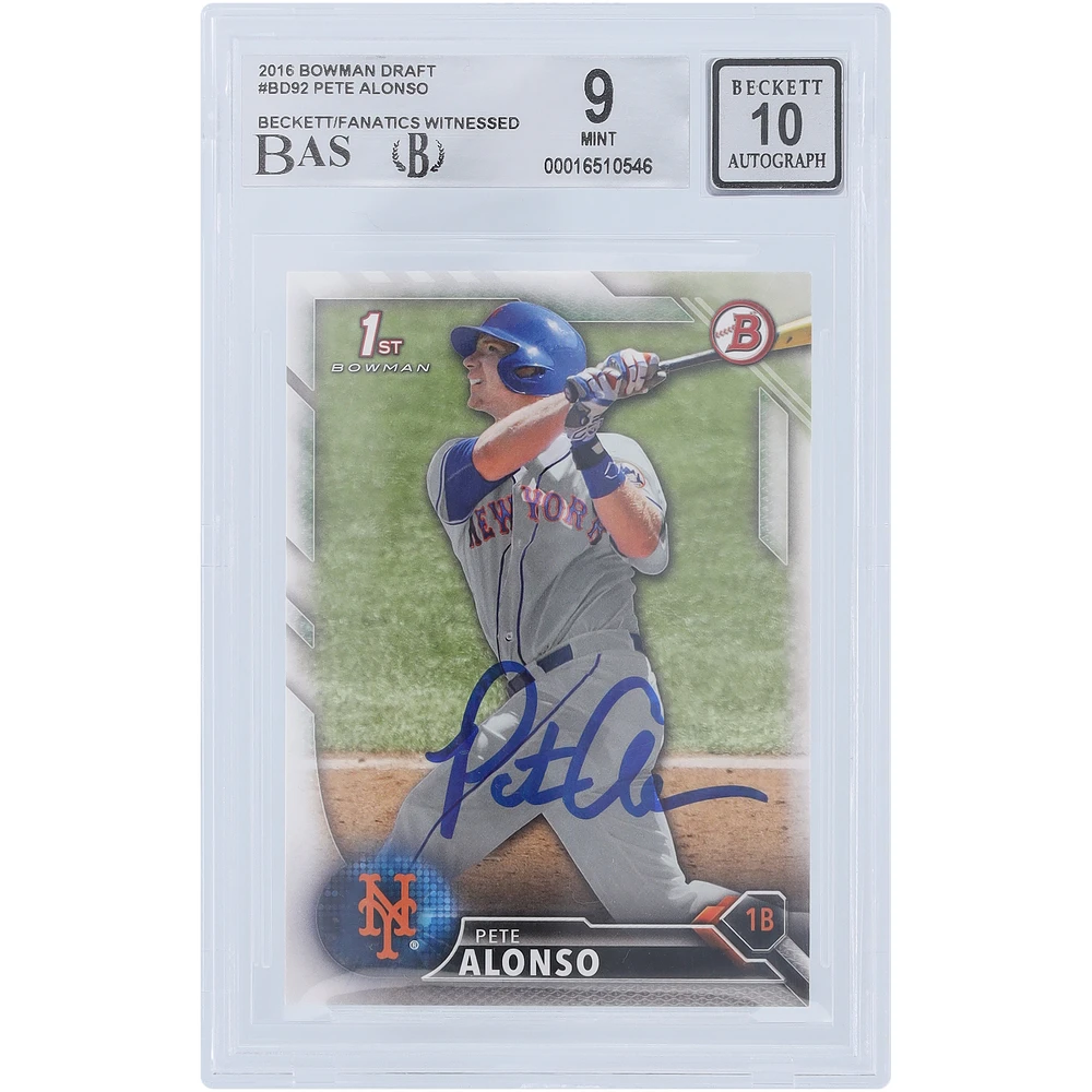 Pete Alonso New York Mets Autographed 2016 Bowman Draft 1st Bowman #BD-92 Beckett Fanatics Witnessed Authenticated 9/10 Rookie Card