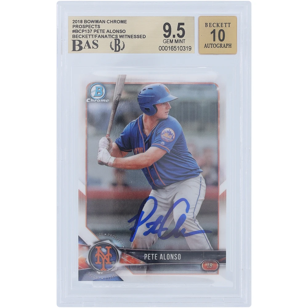 Pete Alonso New York Mets Autographed 2018 Bowman Chrome #BCP-137 Beckett Fanatics Witnessed Authenticated /10 Rookie Card