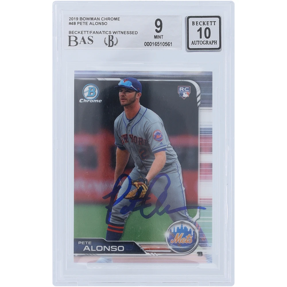 Pete Alonso New York Mets Autographed 2019 Bowman Chrome #48 Beckett Fanatics Witnessed Authenticated 9/10 Rookie Card
