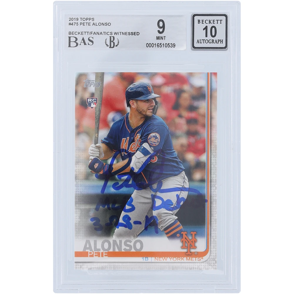 Pete Alonso New York Mets Autographed 2019 Topps Series 2 #475 Beckett Fanatics Witnessed Authenticated 9/10 Rookie Card with "MLB Debut 3-28-19" Inscription