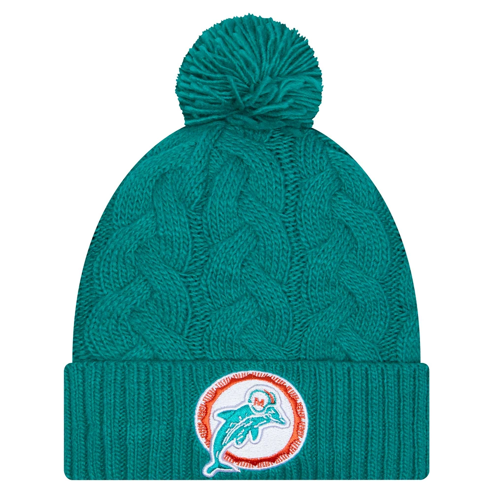 Women's New Era Aqua Miami Dolphins Cable Cuffed Knit Hat with Pom