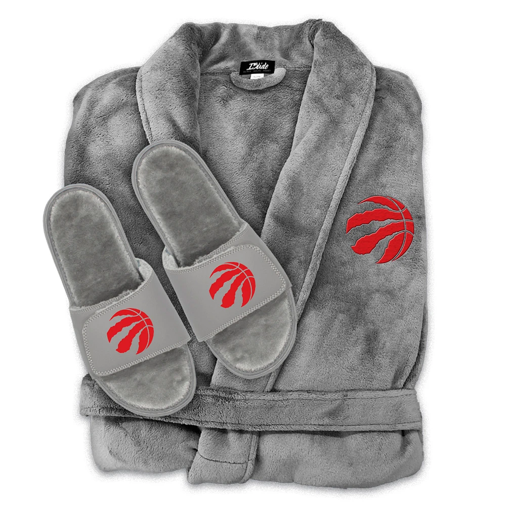 Unisex ISlide Gray Toronto Raptors Faux Fur Slide Sandals & Robe Bundle