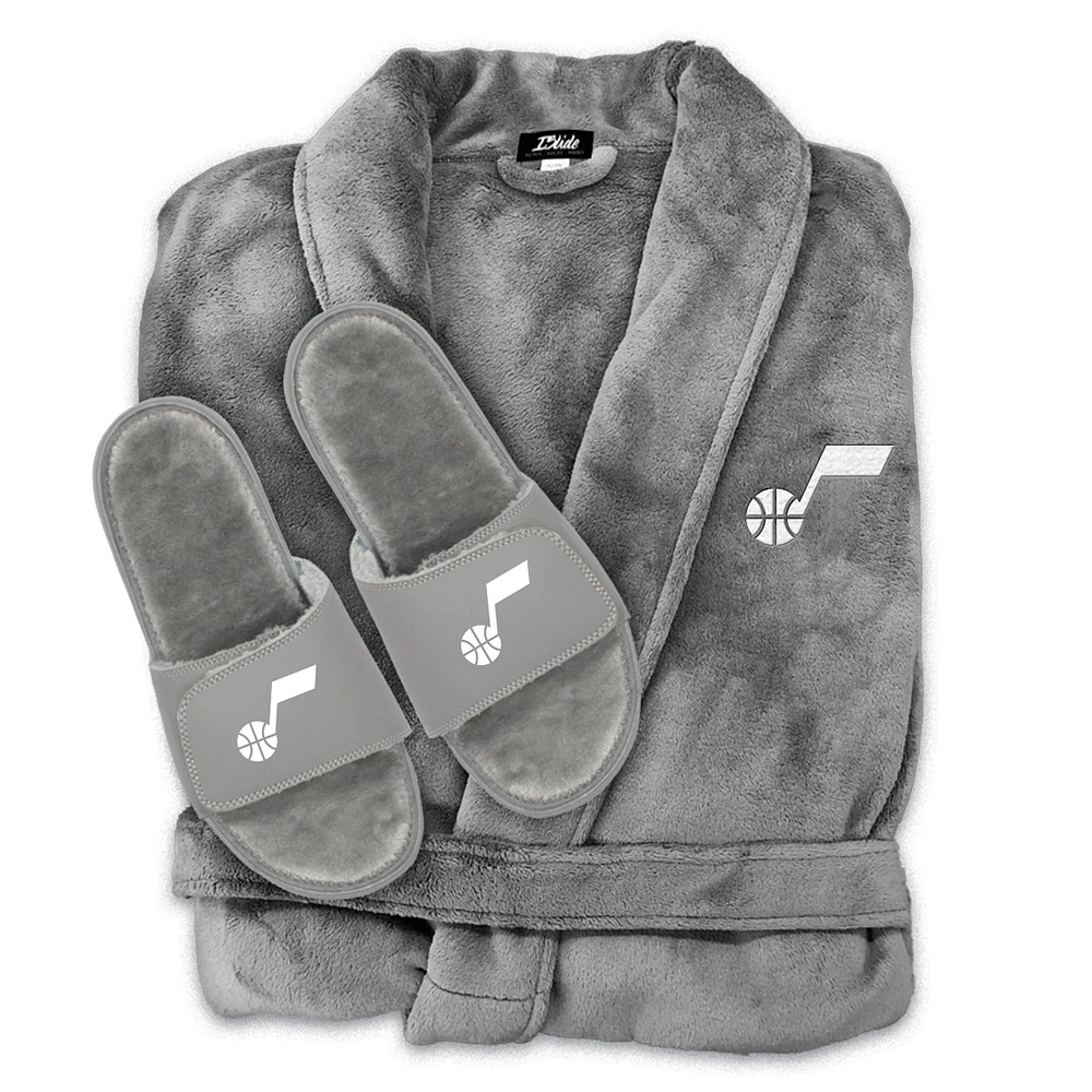 Unisex ISlide Gray Utah Jazz Faux Fur Slide Sandals & Robe Bundle