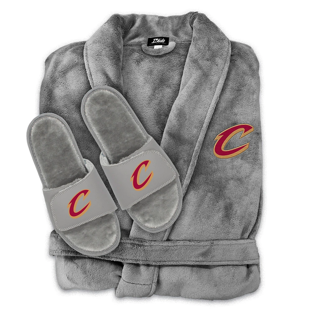 Unisex ISlide Gray Cleveland Cavaliers Faux Fur Slide Sandals & Robe Bundle