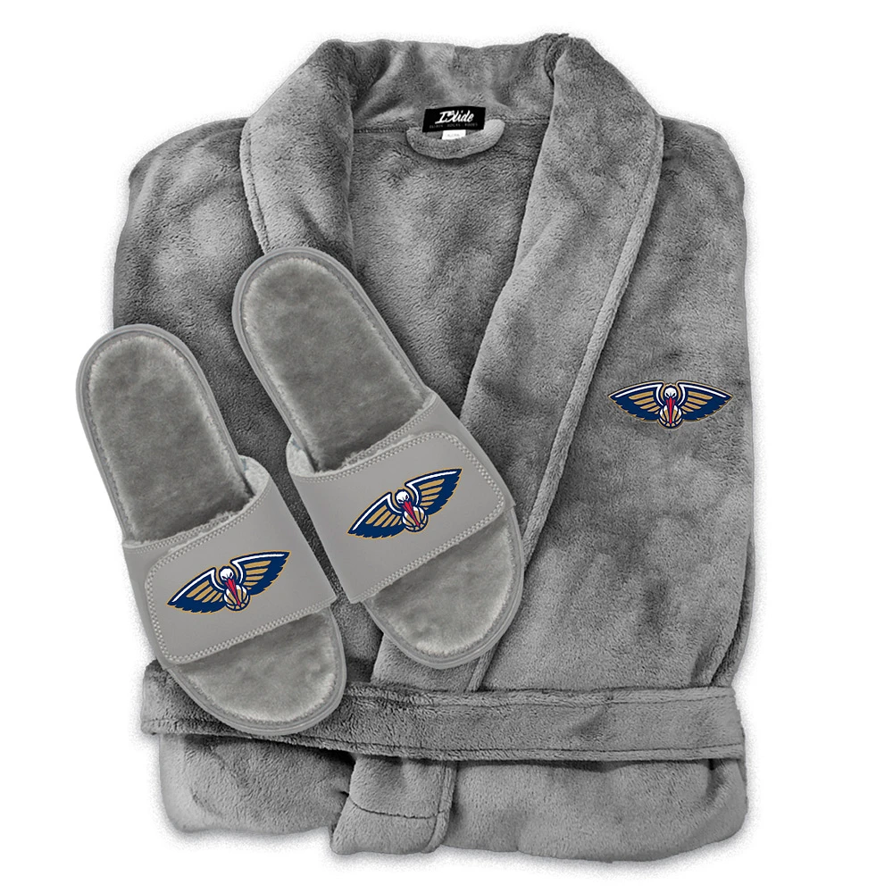 Unisex ISlide Gray New Orleans Pelicans Faux Fur Slide Sandals & Robe Bundle