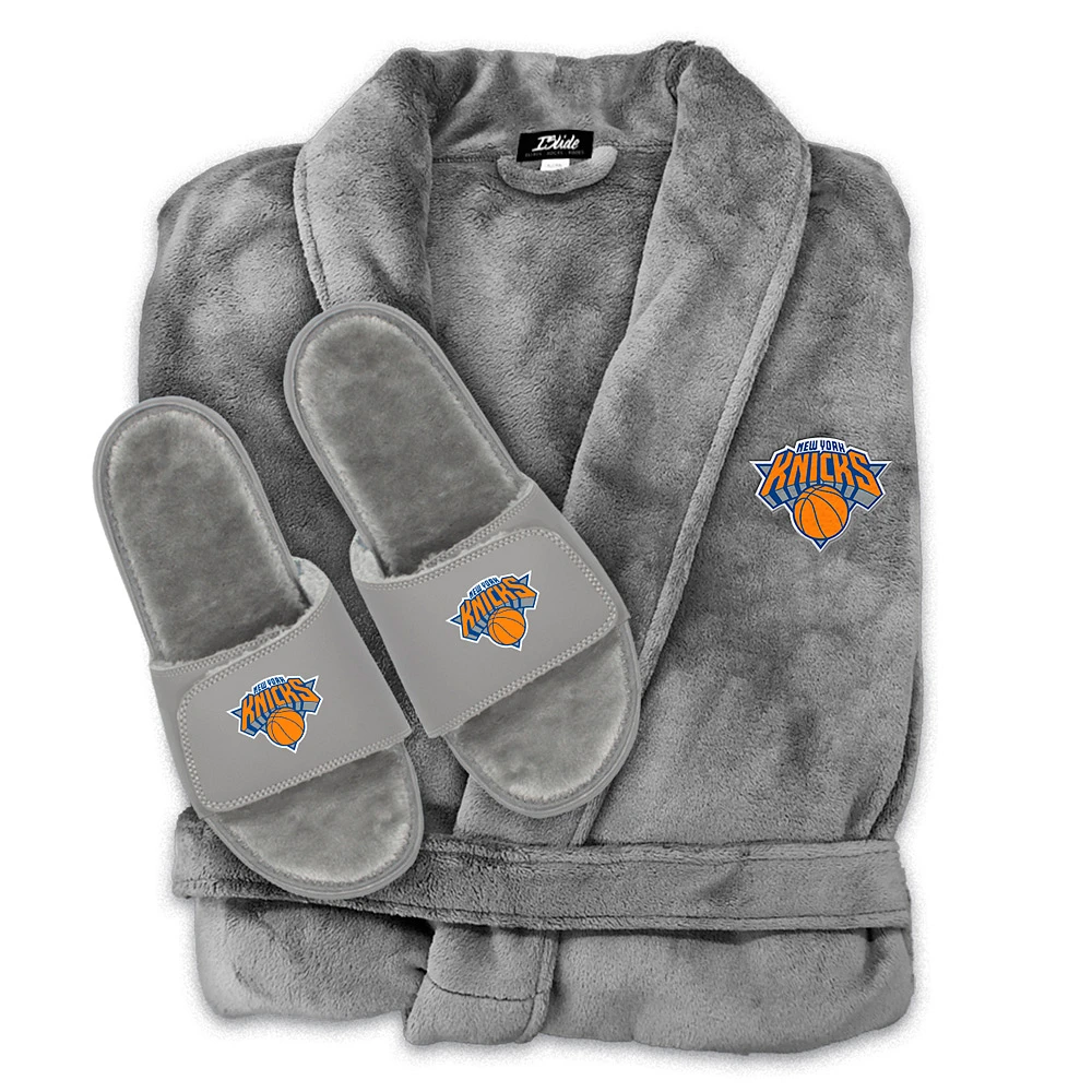 Unisex ISlide Gray New York Knicks Faux Fur Slide Sandals & Robe Bundle