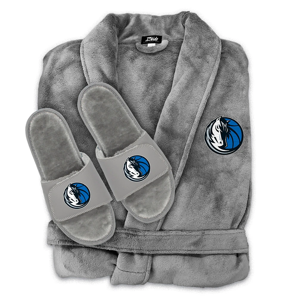 Unisex ISlide Gray Dallas Mavericks Faux Fur Slide Sandals & Robe Bundle